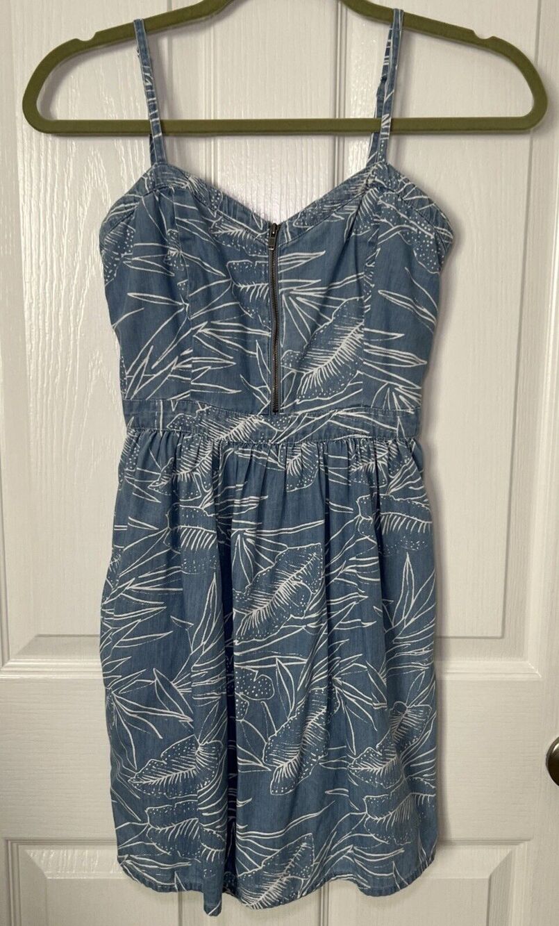 Vans Skater Sundress XS Denim Blue Chambray Tropical Leaf Print Zip Front